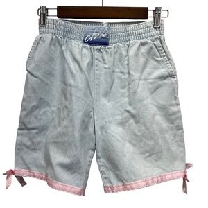 Chic Vintage Denim Shorts Women XS Light Blue Pink Lace Trim Bows High Rise READ